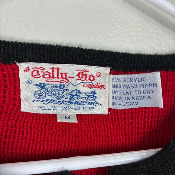 VTG 80s Tally-ho Red Black Knit Knot Button Sweater Size Medium Preppy - Picture 2 of 6